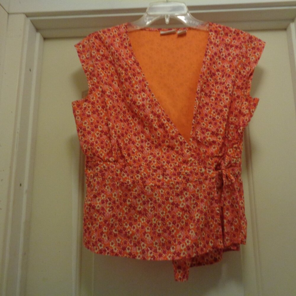ORANGE CRUSH FLOWERS CRISS CROSS TIES CAP SLEEVED BLOUSE ST. JOHNS LG